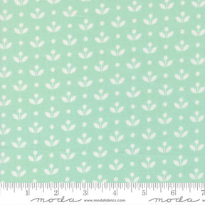 a repeating pattern of white flowers on a light green background.