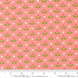 a repeating pattern of green leaves and red flowers on a pink background, with white polka dots scattered throughout.