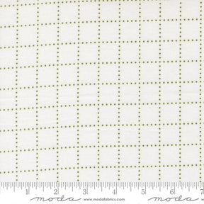The image is a close-up of a fabric with a grid pattern of small green dots arranged in a grid-like design.