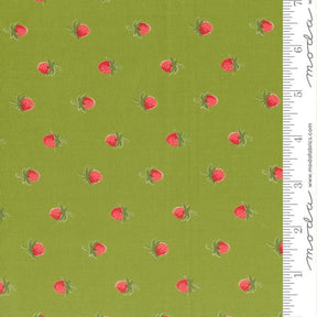 a repeating pattern of red strawberries on a green background.