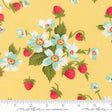 a repeating pattern of white and red flowers with green leaves, along with red strawberries, all set against a yellow background.