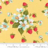 a repeating pattern of white and red flowers with green leaves, along with red strawberries, all set against a yellow background.
