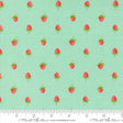 a repeating pattern of red strawberries on a light green background.