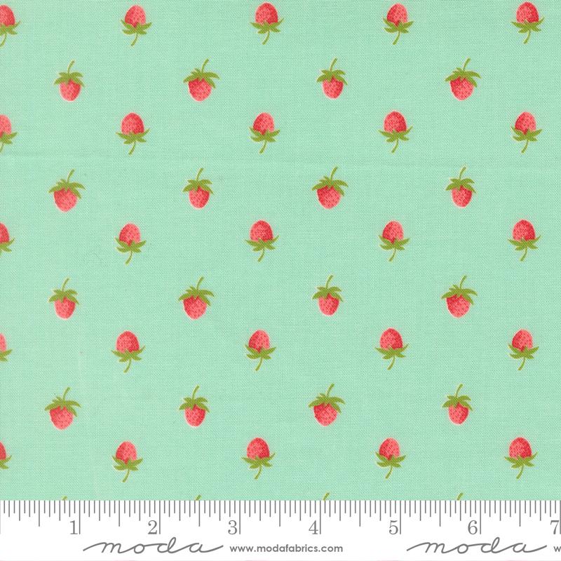 a repeating pattern of red strawberries on a light green background.