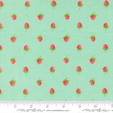 a repeating pattern of red strawberries on a light green background.