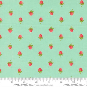 a repeating pattern of red strawberries on a light green background.