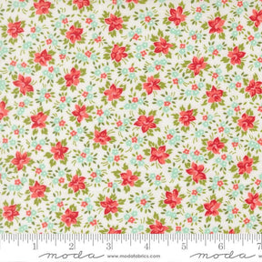 The image is a fabric with a floral pattern, featuring red flowers and green leaves. The fabric appears to be a light-colored material, possibly white or cream, with a repeating pattern of red flowers and green leaves. The image does not contain any text or additional objects, and the focus is on the floral pattern.