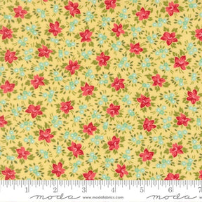 The image is a close-up of a fabric with a floral pattern, featuring small red flowers and green leaves on a yellow background.