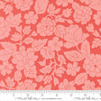 a repeating pattern of pink flowers and leaves on a red background.