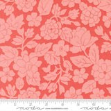 a repeating pattern of pink flowers and leaves on a red background.