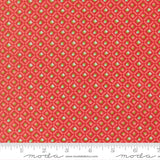 a red fabric with a repeating pattern of green and white flowers or leaves. The fabric has a diagonal pattern with a grid-like design, creating a visually appealing and textured appearance.