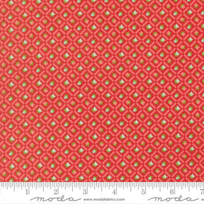 a red fabric with a repeating pattern of green and white flowers or leaves. The fabric has a diagonal pattern with a grid-like design, creating a visually appealing and textured appearance.