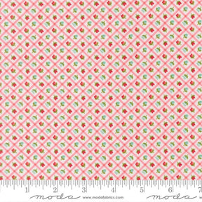 The image is a fabric with a pink and green checkered pattern, featuring small flower-like designs in shades of green and red.