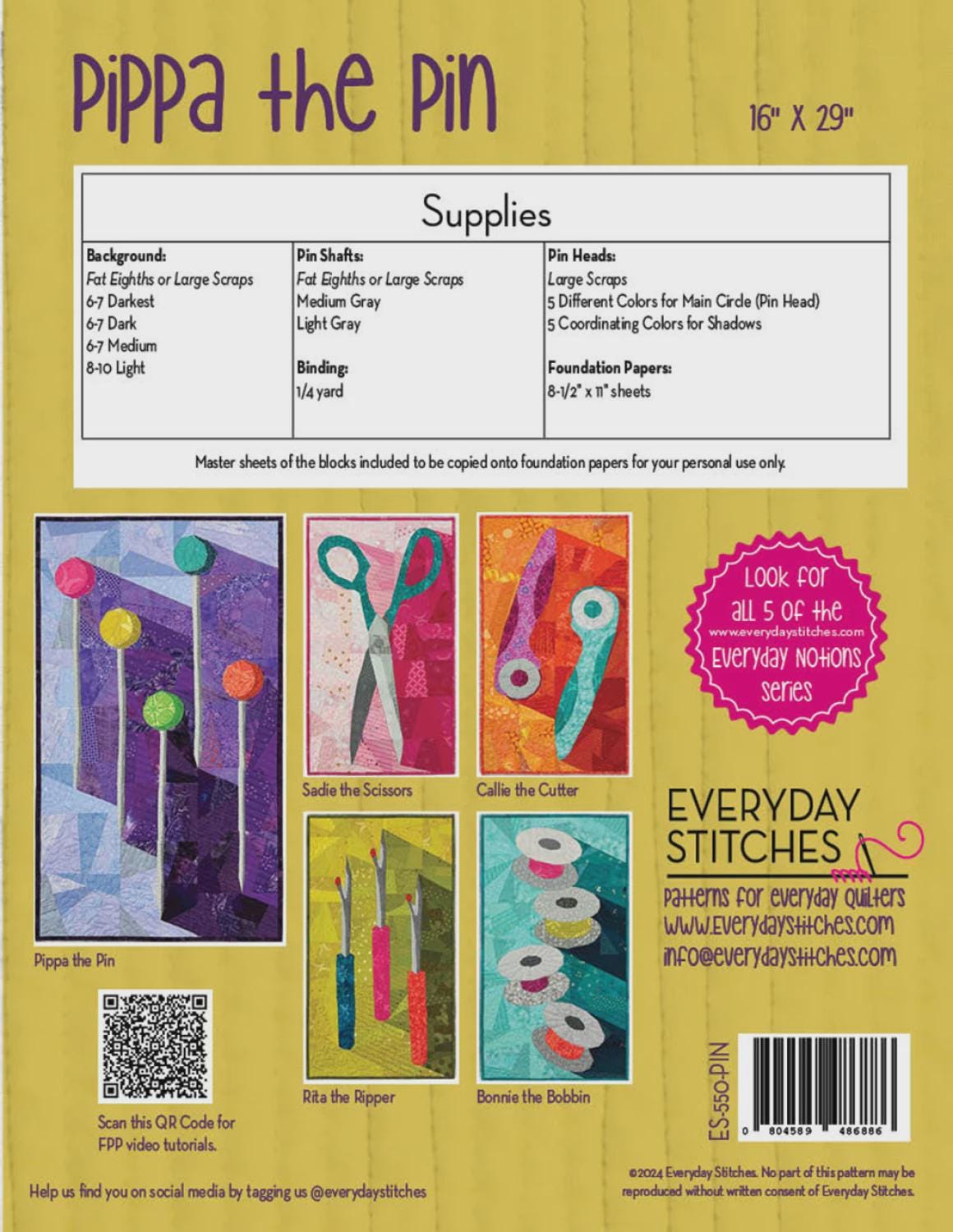 Pippa the Pin Quilt Pattern by Everyday Stitches ES-550-PIN Printed Pattern Only 16" x 29"