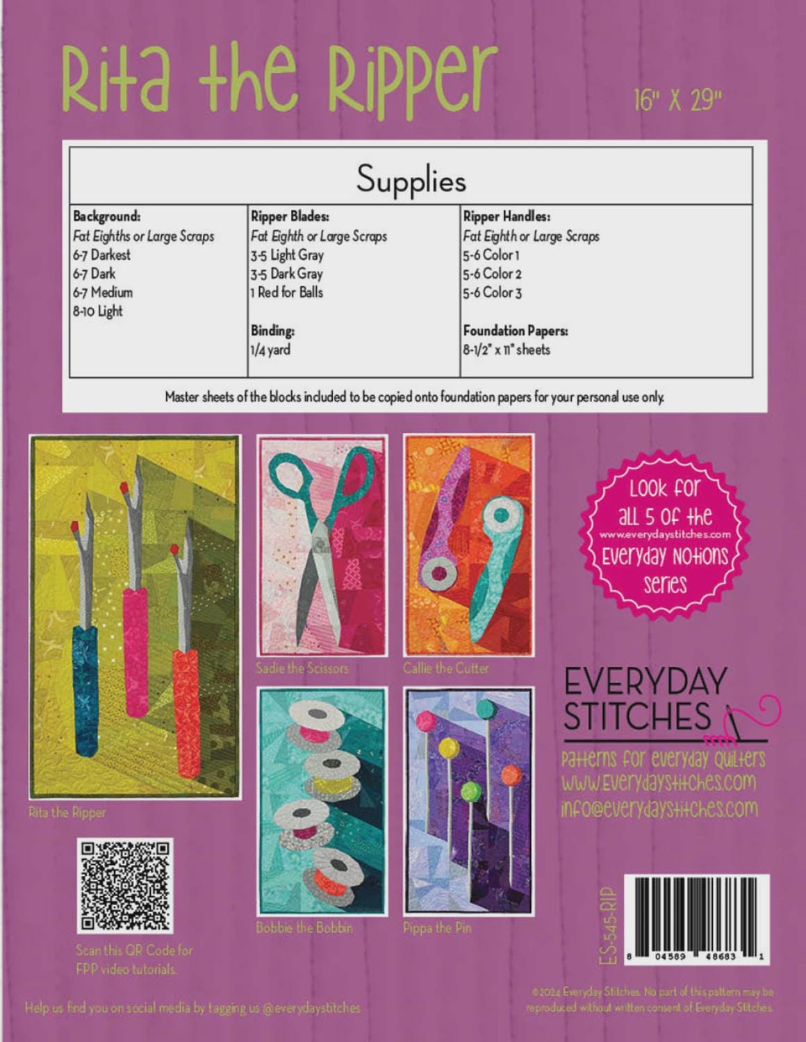 Rita the Ripper Quilt Pattern by Everyday Stitches ES-545-RIP Printed Pattern Only 16" x 29"