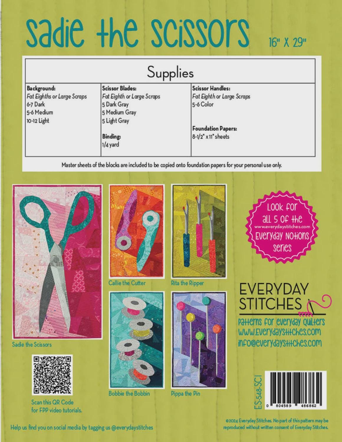 Sadie the Scissors Quilt Pattern by Everyday Stitches ES-548-SCI Printed Pattern Only 16" x 29"