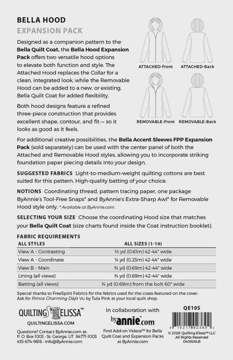Bella Quilt Coat HOOD - Attached or Removable - FPP Expansion Pack (for Bella Quilted Coat) PBA QE105 Sewing Pattern by Annie