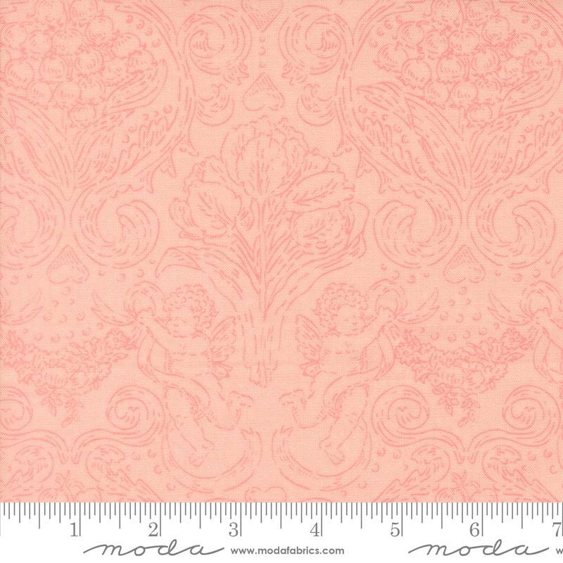 The image is a fabric with a repeating pattern of cherubs and flowers in a pink color.