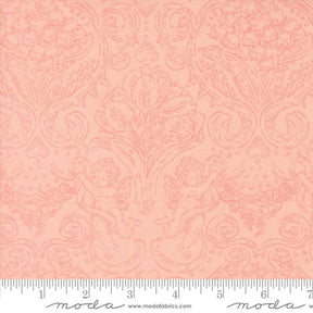 The image is a fabric with a repeating pattern of cherubs and flowers in a pink color.