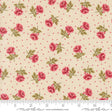a fabric with a repeating pattern of red roses and green leaves, with small red dots scattered throughout the fabric.