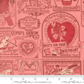 a pink fabric with pictures and words on it