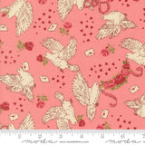 a repeating pattern of white doves with pink roses and envelopes on a pink background.
