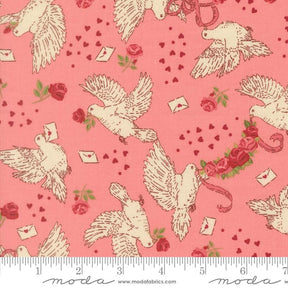 a repeating pattern of white doves with pink roses and envelopes on a pink background.