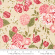The image is a fabric with a floral pattern featuring various pink and red flowers, including roses, hydrangeas, and tulips, against a light beige background.