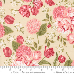 The image is a fabric with a floral pattern featuring various pink and red flowers, including roses, hydrangeas, and tulips, against a light beige background.