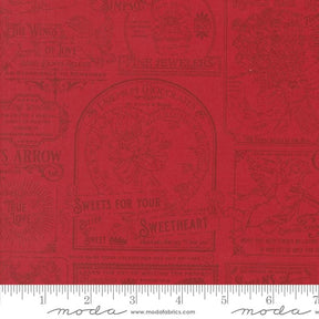 a red fabric with various decorative text and illustrations, including phrases like "The Wings of Love", "The Arrow", "True Love", "Sweetheart", and "Sugar". The text and illustrations are arranged in a repeating pattern, creating a visually appealing and decorative design.