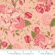 a close-up view of a fabric with a floral pattern in shades of pink and green. The pattern includes various types of flowers, such as roses, hydrangeas, and tulips, as well as leaves and stems. The fabric appears to be a soft, pastel-colored material, suitable for clothing or home decor.