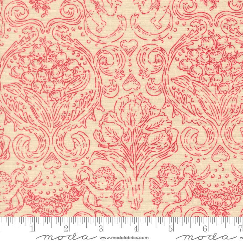 The image is a repeating pattern of cherubs and flowers in red and beige colors, creating a decorative and ornate design.