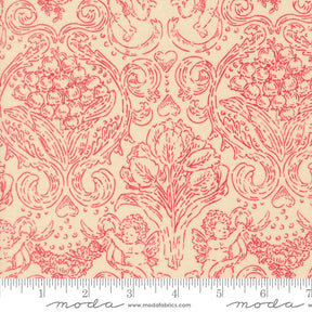 The image is a repeating pattern of cherubs and flowers in red and beige colors, creating a decorative and ornate design.
