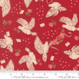 a repeating pattern of white doves with pink roses and envelopes on a red background.