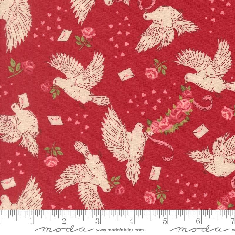 a repeating pattern of white doves with pink roses and envelopes on a red background.