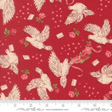 a repeating pattern of white doves with pink roses and envelopes on a red background.