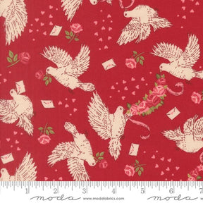 a repeating pattern of white doves with pink roses and envelopes on a red background.