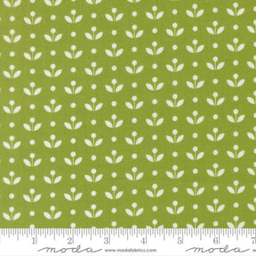 a repeating pattern of white flowers and leaves on a green background.
