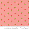 a repeating pattern of red strawberries on a pink background.