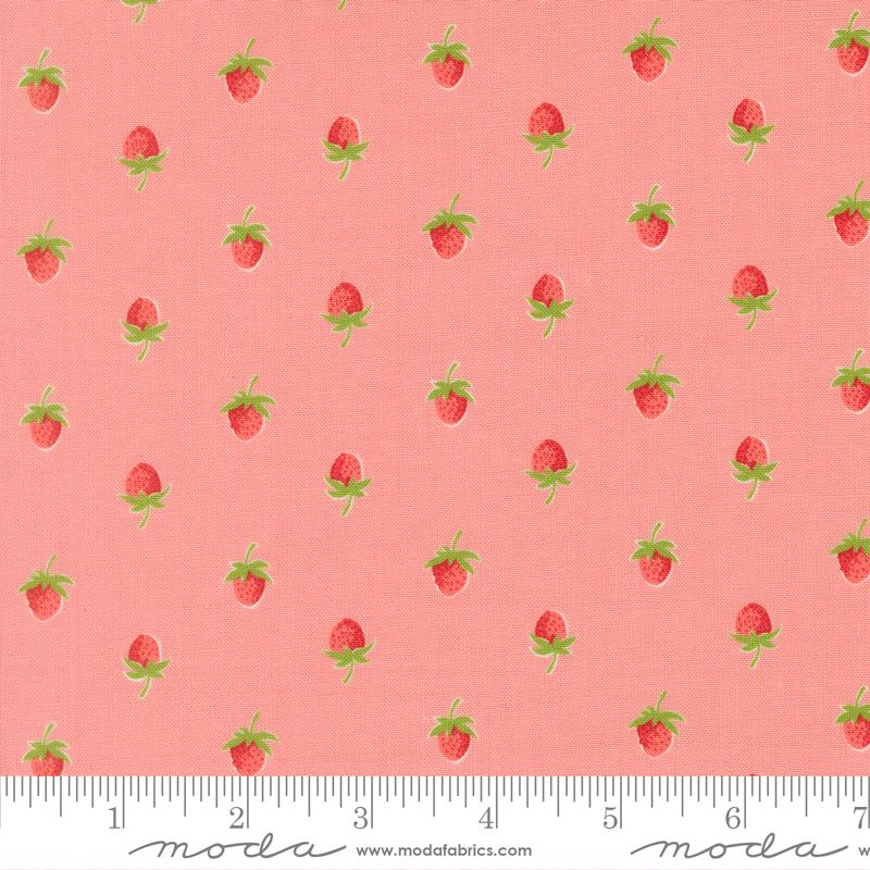 a repeating pattern of red strawberries on a pink background.