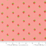 a repeating pattern of red strawberries on a pink background.