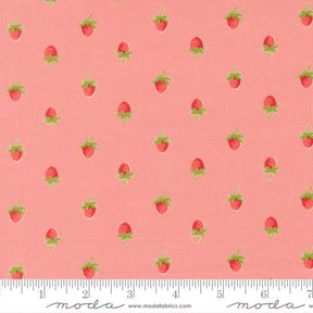 a repeating pattern of red strawberries on a pink background.