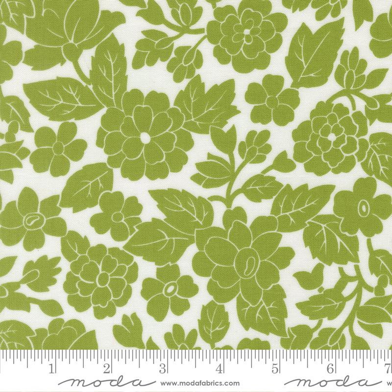 a repeating pattern of green flowers and leaves on a white background.