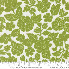 a repeating pattern of green flowers and leaves on a white background.