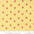 a repeating pattern of small red strawberries on a yellow background.