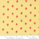 a repeating pattern of small red strawberries on a yellow background.