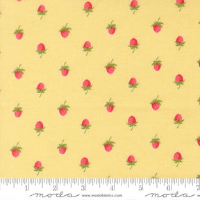 a repeating pattern of small red strawberries on a yellow background.