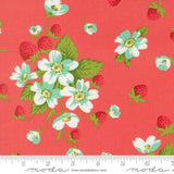 a vibrant floral pattern with white and green flowers against a bright red background.