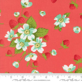 a vibrant floral pattern with white and green flowers against a bright red background.