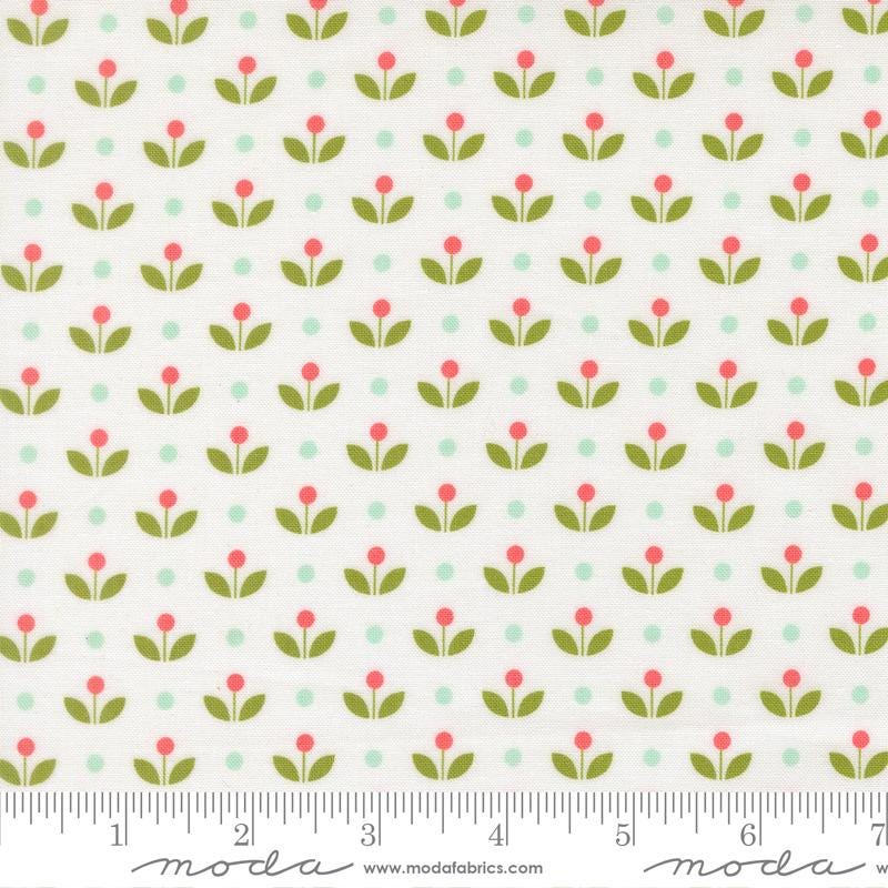 a repeating pattern of green leaves with red flowers on a white background.